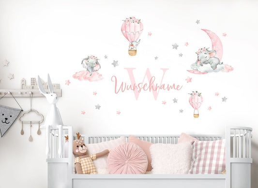 Vinilos decorativos Adhesivos infantiles de Pared  Conjunto elefantes con nombrepara niñas (0015)