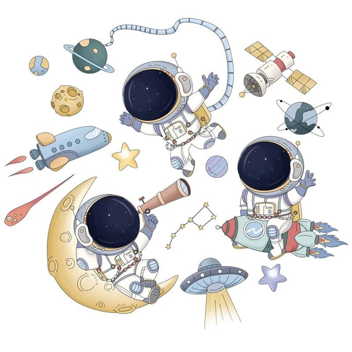 Vinilos decorativos Adhesivos infantiles de Pared espacio astronautas 6 niño (0055)