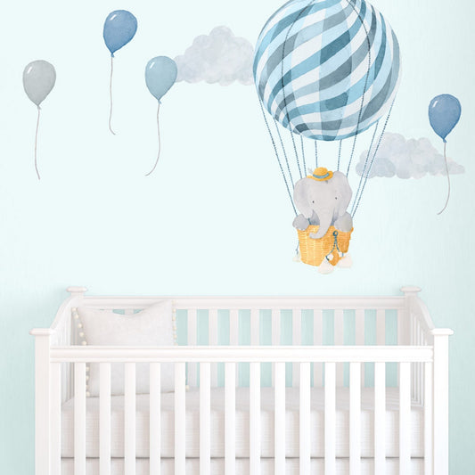 Vinilos decorativos Adhesivos infantiles de Pared Elefantes con globo aerostatico azul 2