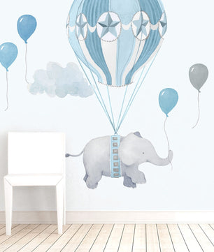 Vinilos decorativos Adhesivos infantiles de Pared Elefantes con globo aerostatico azul