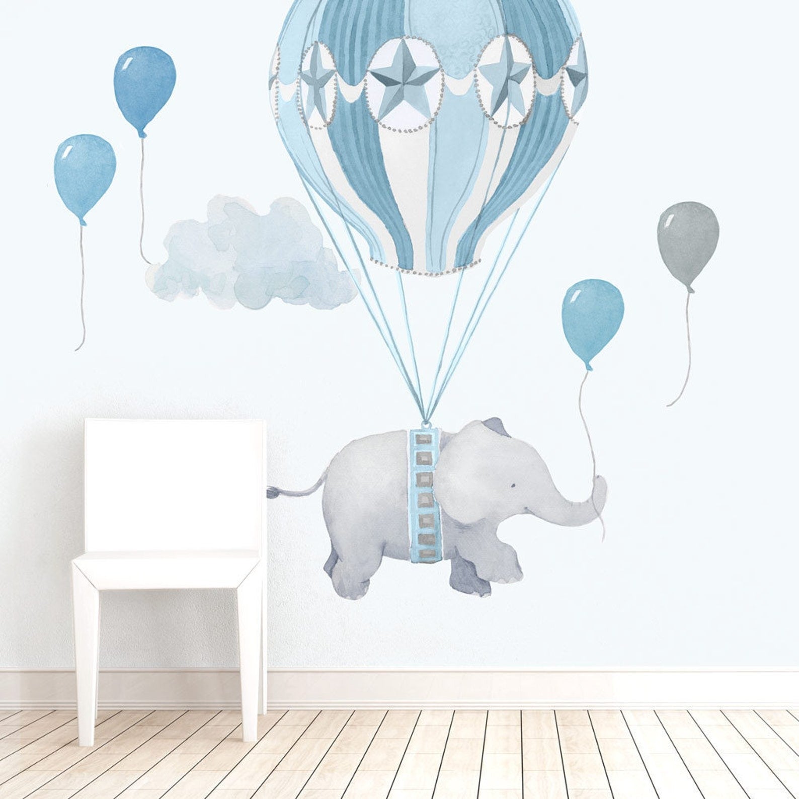 Vinilos decorativos Adhesivos infantiles de Pared Elefantes con globo aerostatico azul