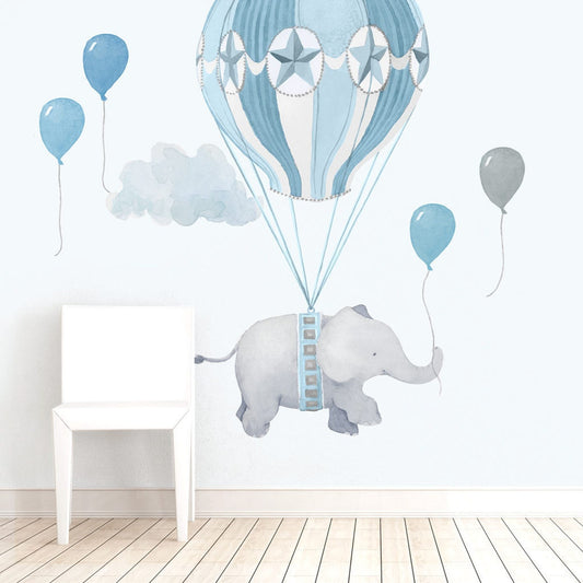 Vinilos decorativos Adhesivos infantiles de Pared Elefantes con globo aerostatico azul