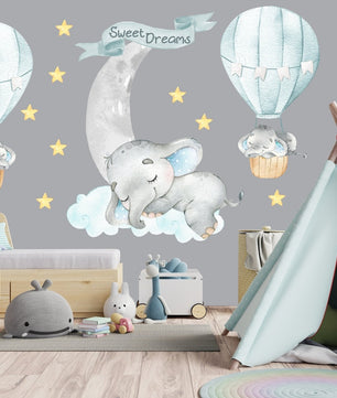 Vinilos decorativos Adhesivos infantiles de Pared Elefantes aules con globo y luna