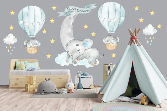 Vinilos decorativos Adhesivos infantiles de Pared Elefantes aules con globo y luna