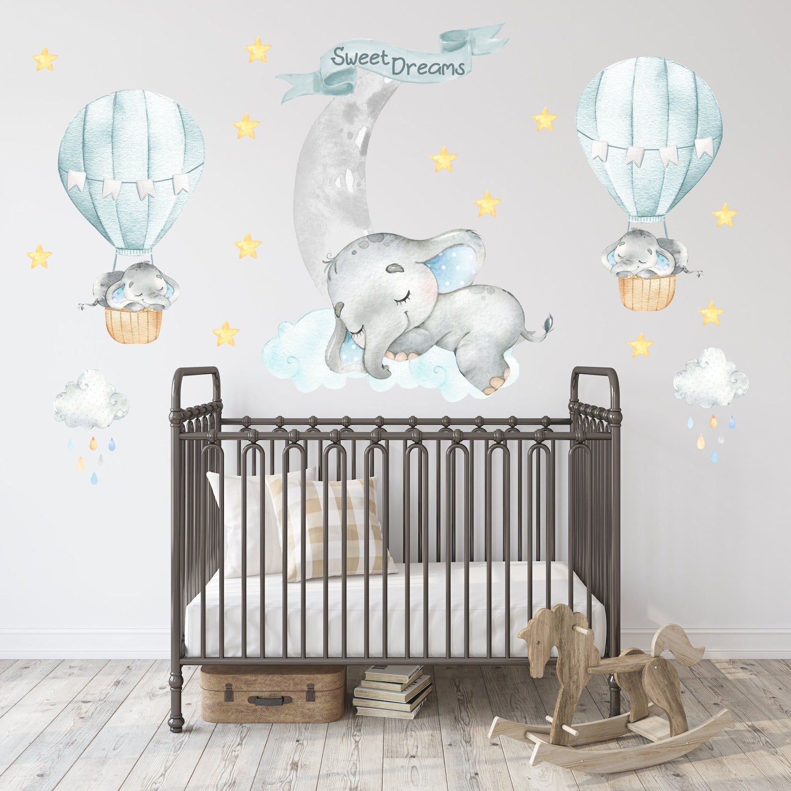 Vinilos decorativos Adhesivos infantiles de Pared Elefantes aules con globo y luna