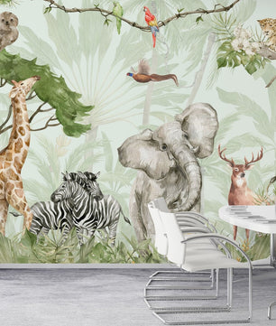 Papel para paredes safari en la jungla con elefante, cebra, ciervo, león y mono.