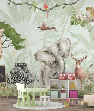 Papel para paredes safari en la jungla con elefante, cebra, ciervo, león y mono.