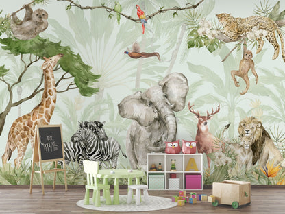 Papel para paredes safari en la jungla con elefante, cebra, ciervo, león y mono.