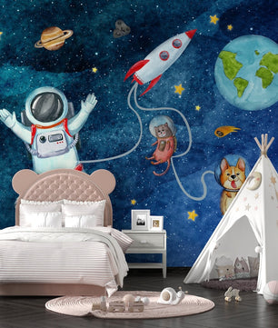Papel para paredes astronauta con mascotas espaciales