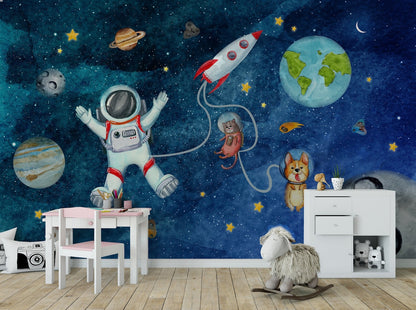 Papel para paredes astronauta con mascotas espaciales