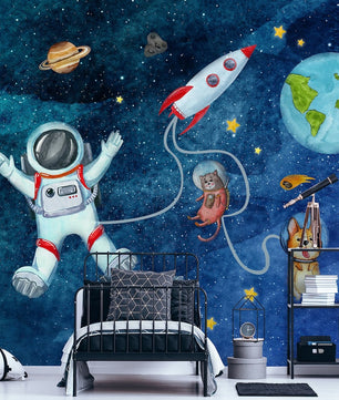 Papel para paredes astronauta con mascotas espaciales