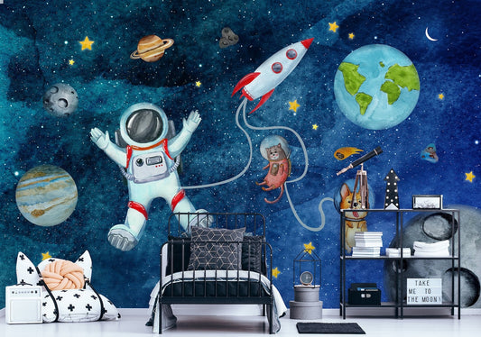 Papel para paredes astronauta con mascotas espaciales
