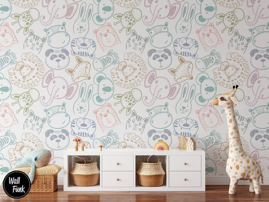 Papel para paredes Safari para niños, arte de pared de dormitorio de animales lindos.