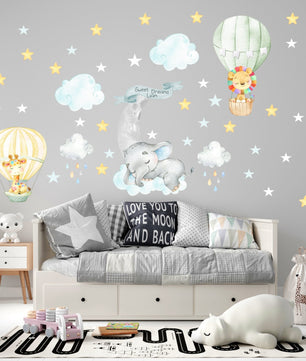 Vinilos decorativos Adhesivos infantiles de Pared Elefantes en nube con globos coloridos