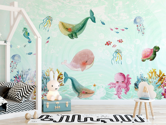 Papel para paredes Fondo Marino animales Coquetos