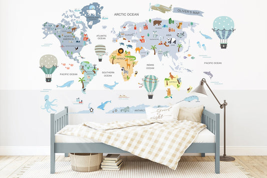 Calcomania Mapa mundi infantil Animales y globos aerostaticos