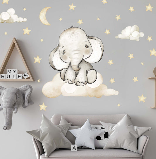 Vinilos decorativos Adhesivos infantiles de Pared Elefante en nube gris