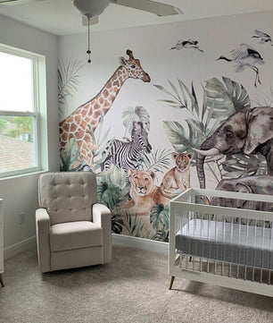 Papel para paredes animales de safari con hojas acuarela