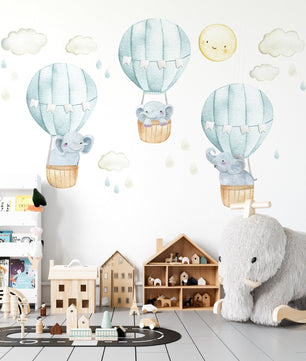 Vinilos decorativos Adhesivos infantiles de Pared Elefantes en globos aerostaticos