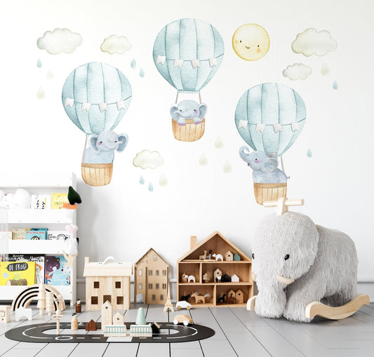 Vinilos decorativos Adhesivos infantiles de Pared Elefantes en globos aerostaticos
