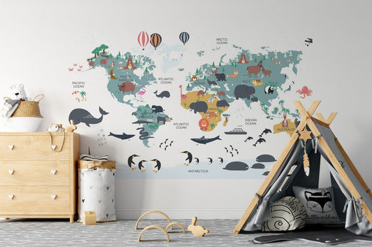 Calcomania Mapa mundi infantil Animales del mundo