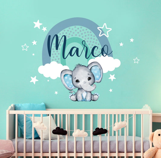 Vinilos decorativos Adhesivos infantiles de Pared Elefantes con arcoiris y nombre