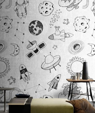 Papel para paredes Mosaico astronauta blanco y negro