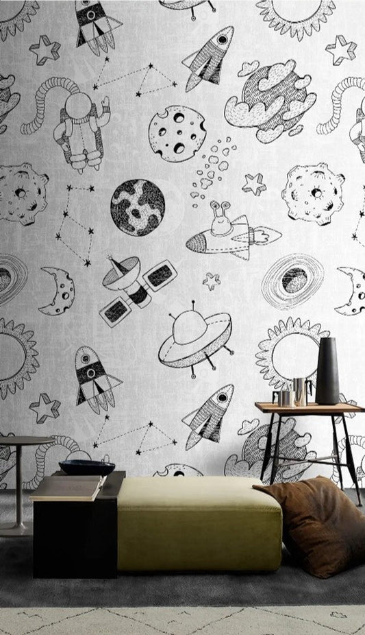 Papel para paredes Mosaico astronauta blanco y negro