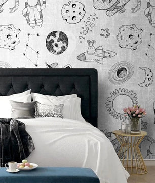 Papel para paredes Mosaico astronauta blanco y negro