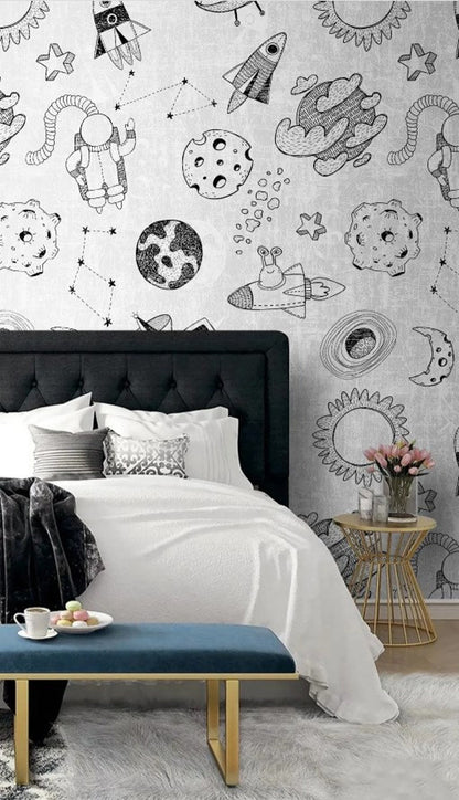 Papel para paredes Mosaico astronauta blanco y negro