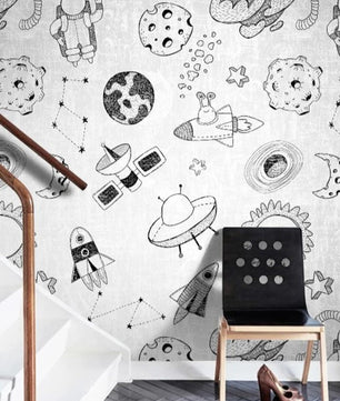 Papel para paredes Mosaico astronauta blanco y negro