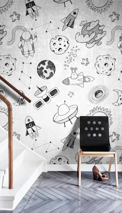 Papel para paredes Mosaico astronauta blanco y negro