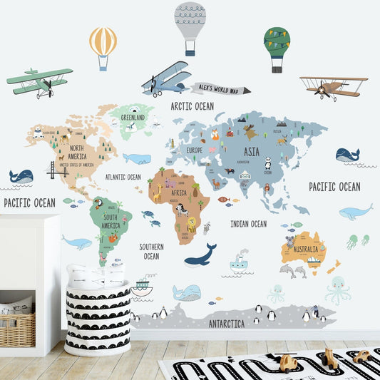 Calcomania Mapa mundi infantil infantil globos aerostaticos y aviones