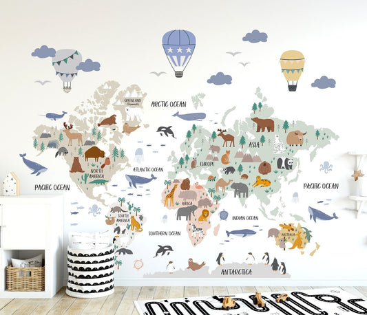 Calcomania Mapa mundi infantil animales Del mundo