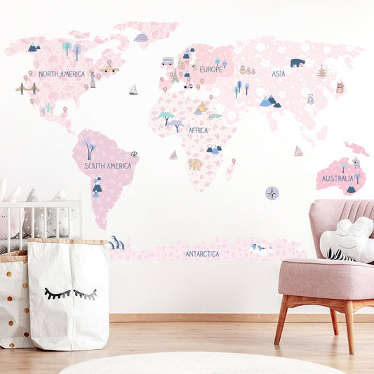 Calcomania Mapa mundi infantil continentes rosado