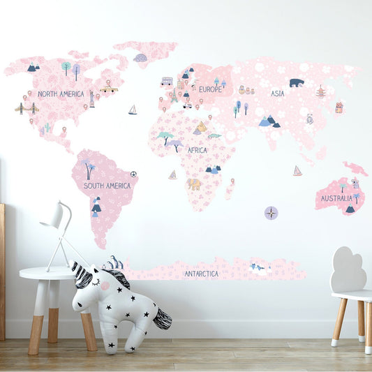 Calcomania Mapa mundi infantil continentes rosado