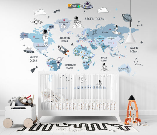 Calcomania Mapa mundi infantil de astronautas