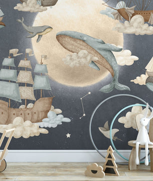 Papel para paredes luna con ballenas voladoras