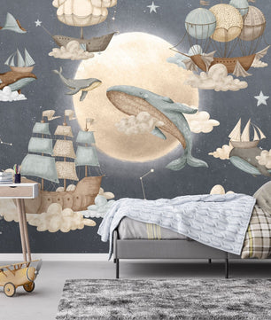 Papel para paredes luna con ballenas voladoras