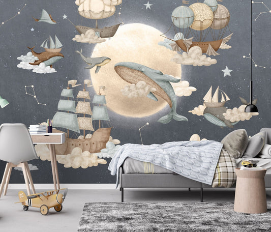 Papel para paredes luna con ballenas voladoras