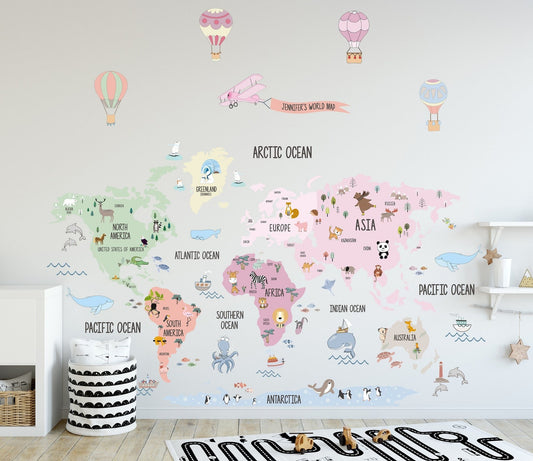 Calcomania Mapa mundi infantil Niña Rosado animales, avion y globos
