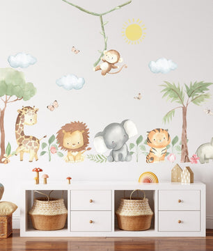 Vinilos decorativos Adhesivos infantiles de Pared  animales en la selva acuarela (0145)