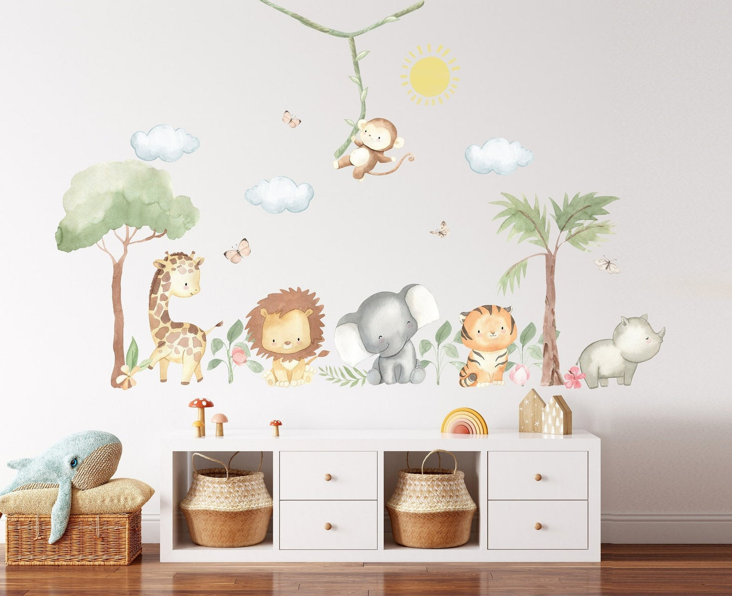 Vinilos decorativos Adhesivos infantiles de Pared  animales en la selva acuarela