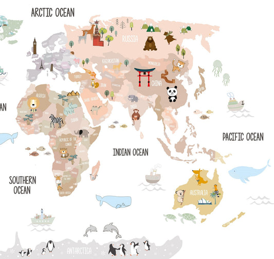 Calcomania Mapa mundi infantil animales y monumentos