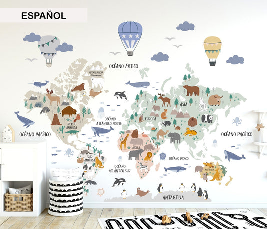 Calcomania Mapa mundi infantil animales Del mundo
