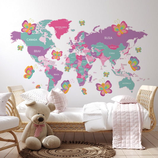 Calcomania Mapa mundi infantil Niña rosado con mariposas