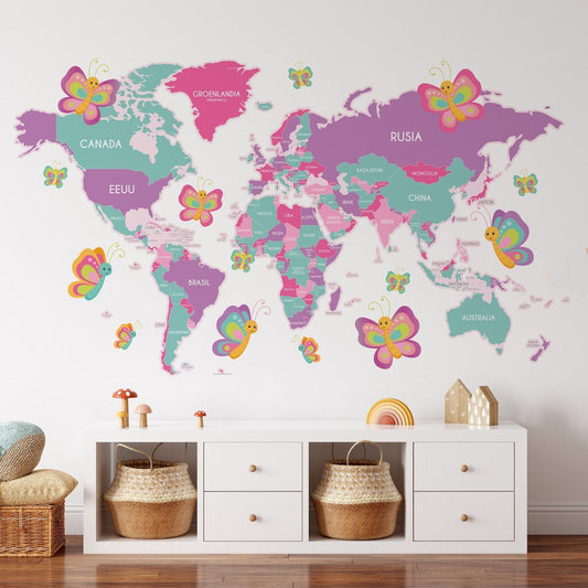 Calcomania Mapa mundi infantil Niña rosado con mariposas