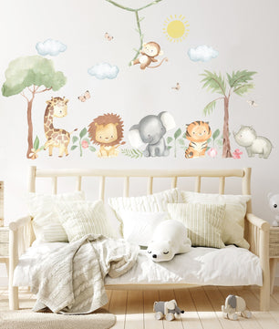 Vinilos decorativos Adhesivos infantiles de Pared  animales en la selva acuarela (0145)
