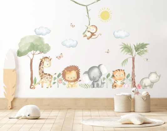 Vinilos decorativos Adhesivos infantiles de Pared  animales en la selva acuarela