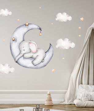 Vinilos decorativos Adhesivos infantiles de Pared Elefante en luna con nubes